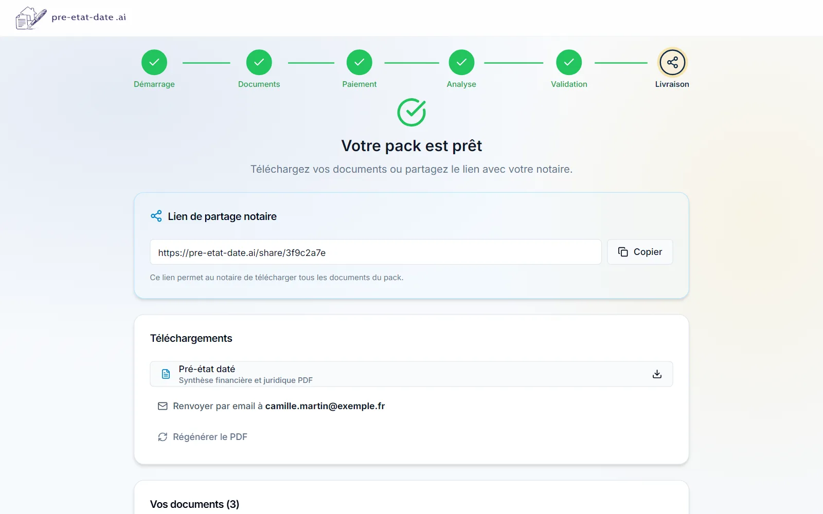 Écran de livraison : lien de partage pour le notaire et téléchargement du pré-état daté