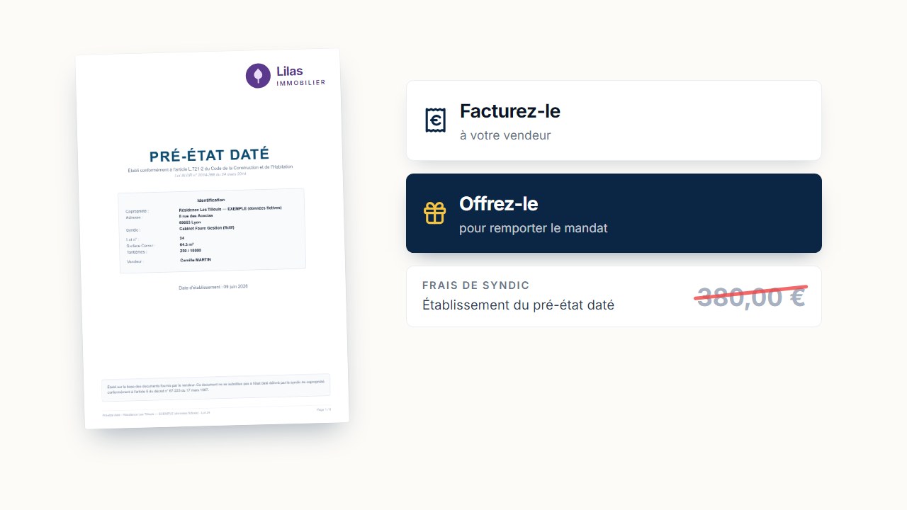 Aperçu de la démonstration : un pré-état daté au logo de l'agence, à facturer ou à offrir au vendeur